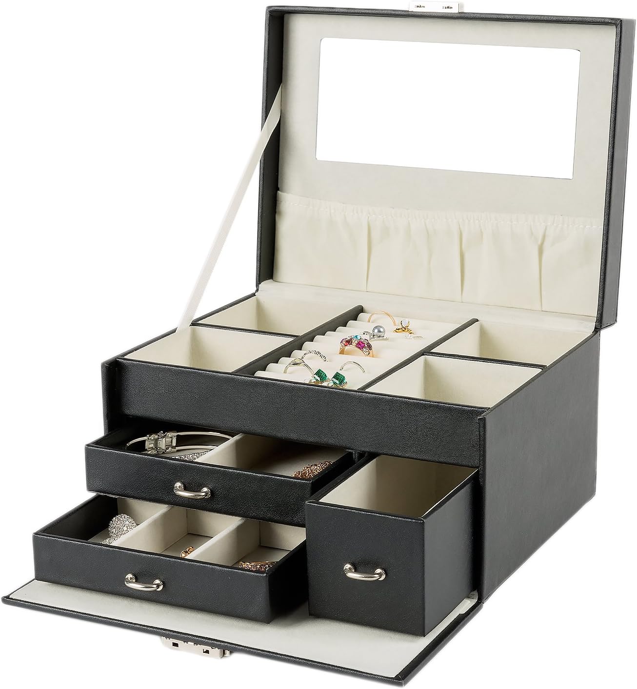 HollyHOME Jewelry Box Lockable Mirrored Jewelry Storage Organizer Holder for Girls Women,Black
