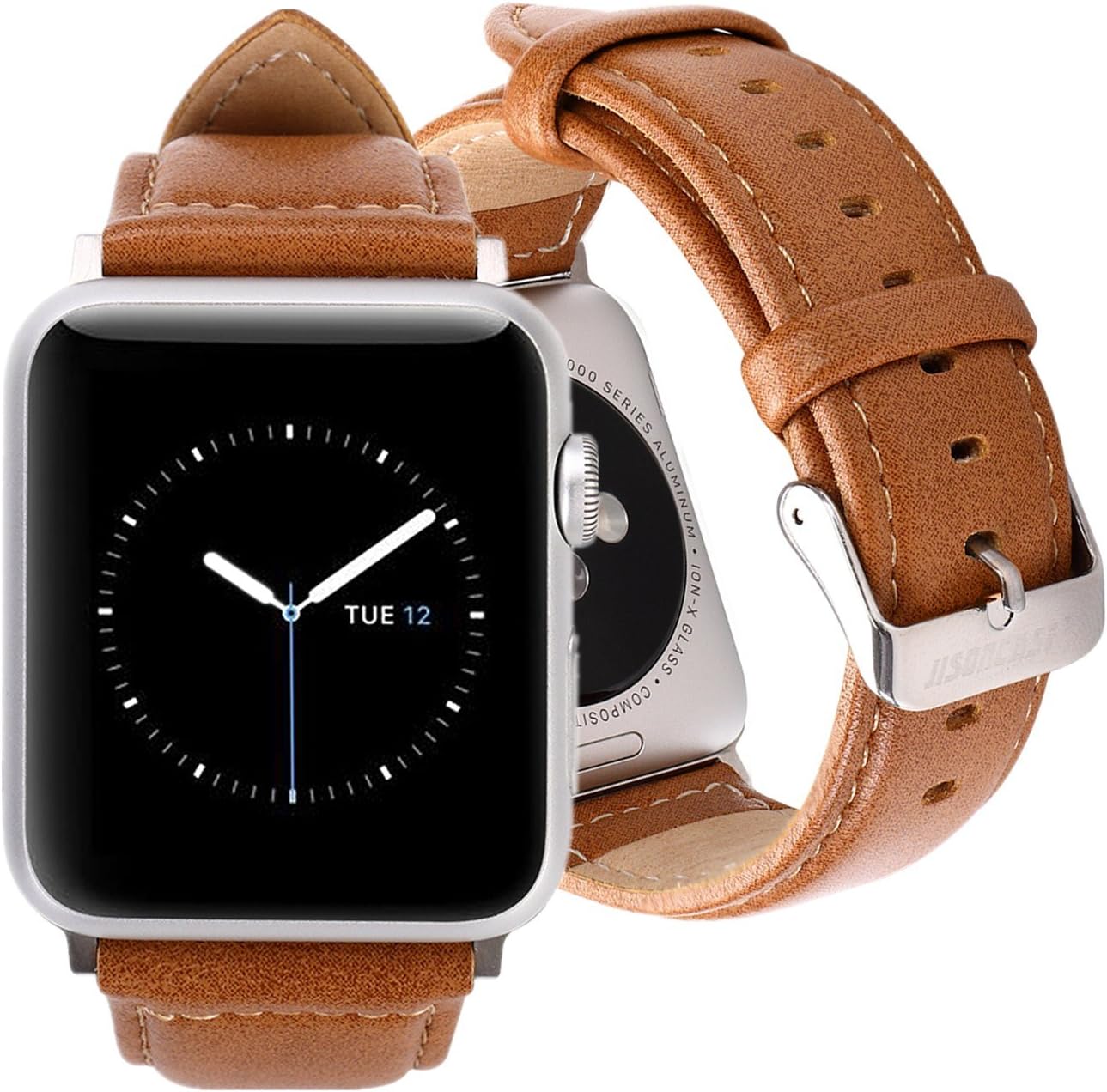 Jisoncase Compatible with Apple Watch Bands Leather iWatch Bands for 44mm and 42mm Apple Watch Series 5/4/3/2/1, Brown (Metal Clasp/Adapters)