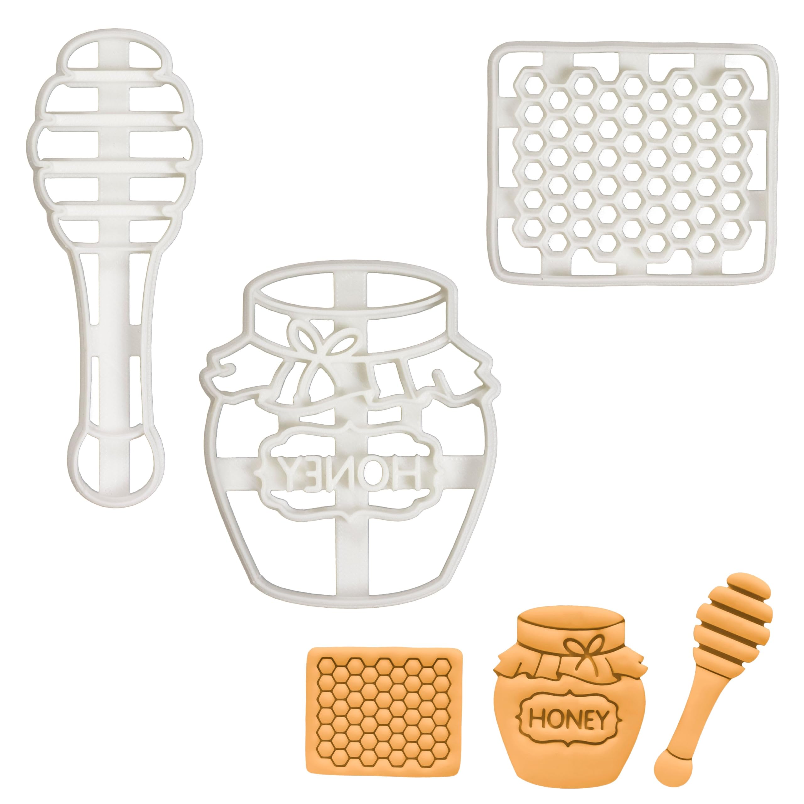 BAKERLOGY Set of 3 Honey Cookie Cutters (Designs: Cut Comb, Honey Pot, Honey Dipper) - Detailed Biscuit Cutter Design for Baking and Crafts, Ideal on Fondant, Dough, Clay