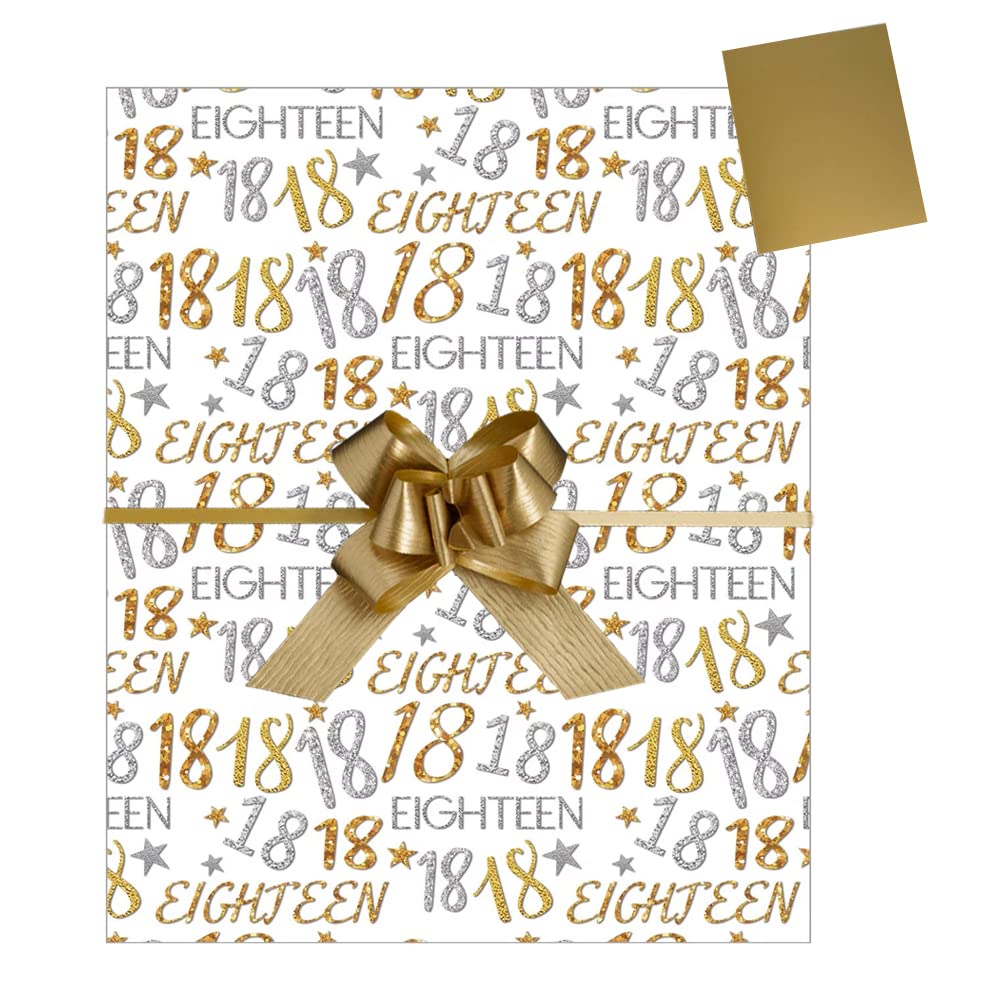 Giftwrap 18th Birthday Gift Wrap Pack, 2 Sheets Wrapping Paper, 2 Gold Tags and 2 Gold Pull Bows, Packaged in an A4 Boarded Envelope for Protection. Male Female Eighteen Gift Present, Gold,Silver