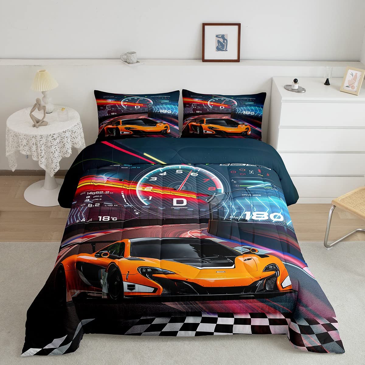 Loussiesd Race Car Bedding Set Boys Extreme Sports for Kids Boys Cool Car Car Sports Double Size