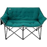 LANMOUNTAIN Fuzzy Oversized Folding Double Camping Chairs,Heavy Duty Supports 600 Lbs,Comfy Portable Loveseat for Adults w/Mesh Pocket,Plush Fleece-Lined Lawn Couch for Outdoor/Indoor,Dark Green
