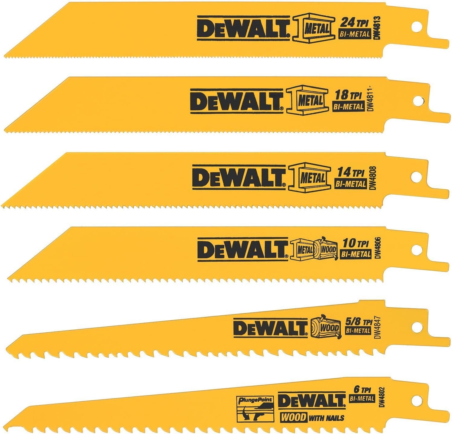 DEWALT Reciprocating Saw Blades, Metal/Wood Cutting Set, 6-Piece (DW4856), Metallic - - 