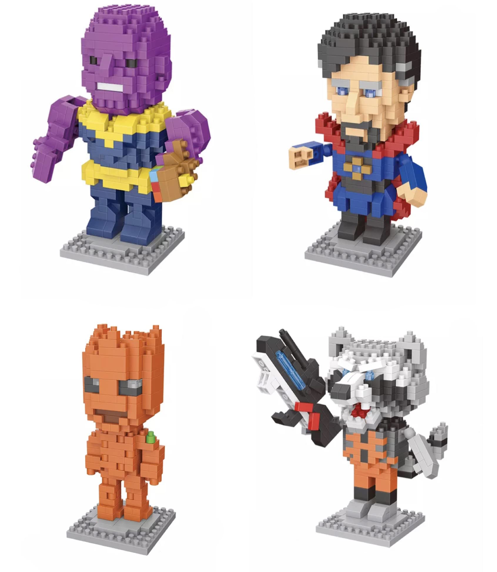 "MINIFIGS" Nano bloc Sets Superhero Series - 4 Pack Figurine models - Mini Blocks Toy - Thanos Dr Strange Groot Rocket raccoon - Micro Blocks UK