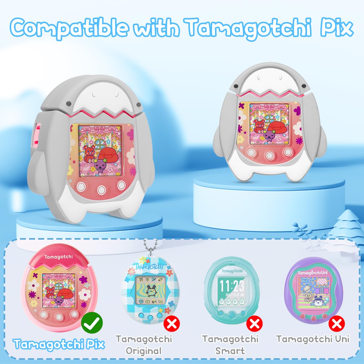 BEARDDO Silicone Case Compatible with Tamagotchi Pix Virtual Pet Game Machine, Cute Cartoon Grey Shark Virtual Pet Game Machine Protector Cover with Lanyard for Tamagotchi Pix Accessories (Grey)