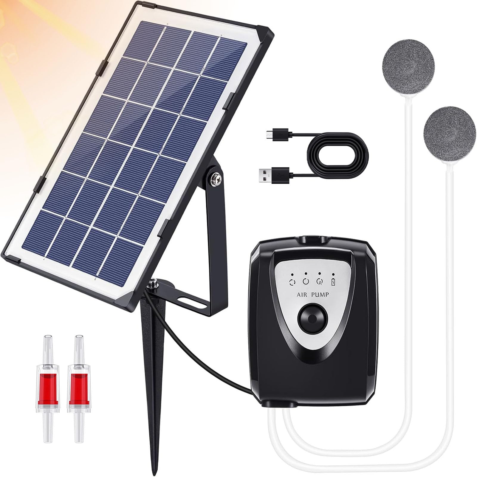 Solar Pond Pump with Pipe and 2 Air Stones, Portable Multifunctional Solar Air Pump, Fish Tank Oxygenator, 3 Oxygen Modes, 35db Mute, Aquarium Oxygen Aerator for Garden Fish Tank Pool Fishing Pond