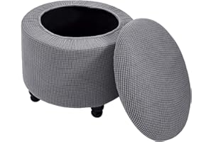 Andreannie Stretch Dark Grey Jacquard Fabric Ottoman Slipcover Floding Storage Foot Stool Covers Soft Round Slipcover Removable Washable Furniture Protector for Home Decor (Dark Grey)