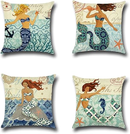 Home Decor Pillows Set Of 4 Cushion Covers Mermaid Ocean Nautical