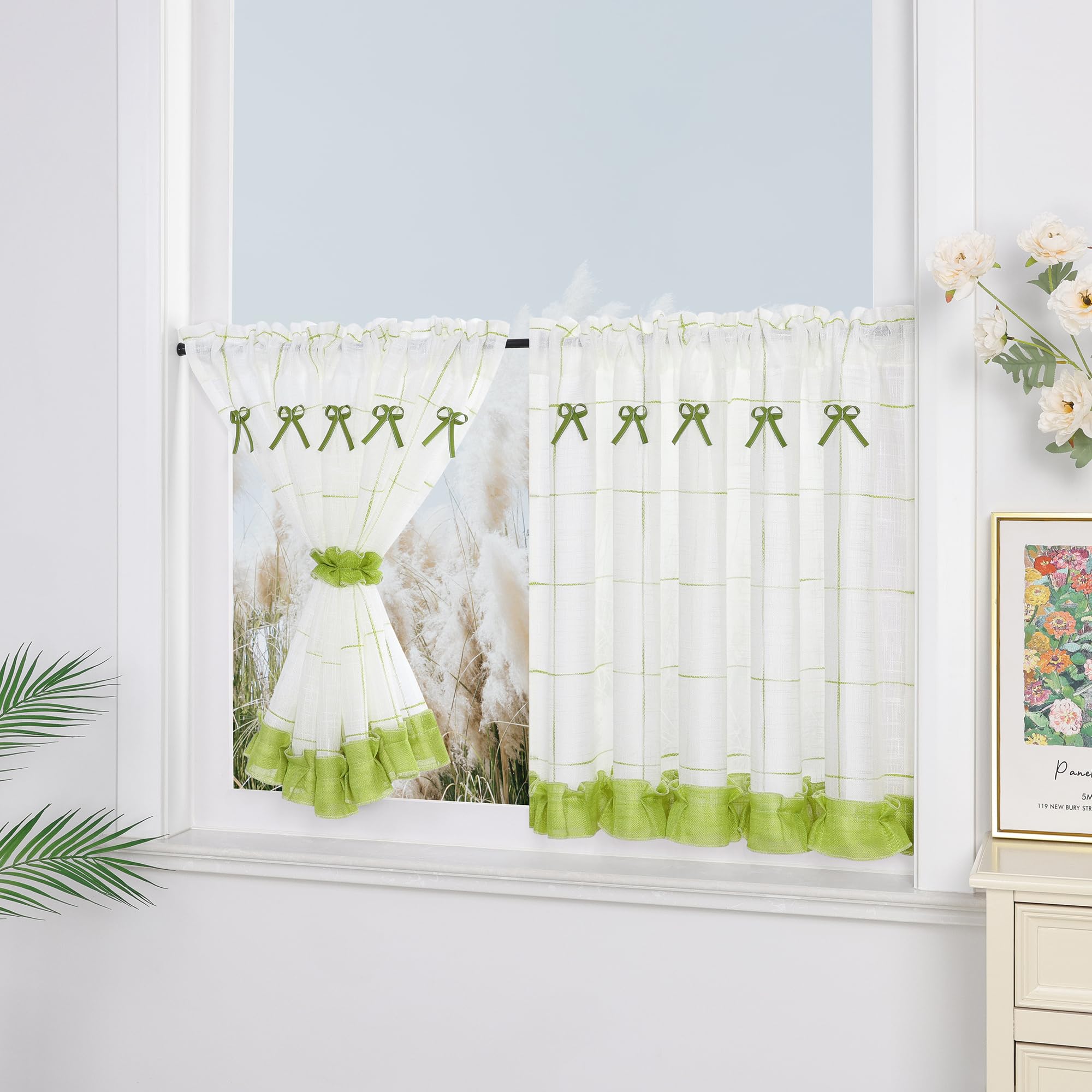 Yujiao Mao One Pastoral Art Window Curtain, Linen Yarn, Bistro Curtain, Kitchen Curtain with Tie Backs, W x H 90 x 45 cm, Green