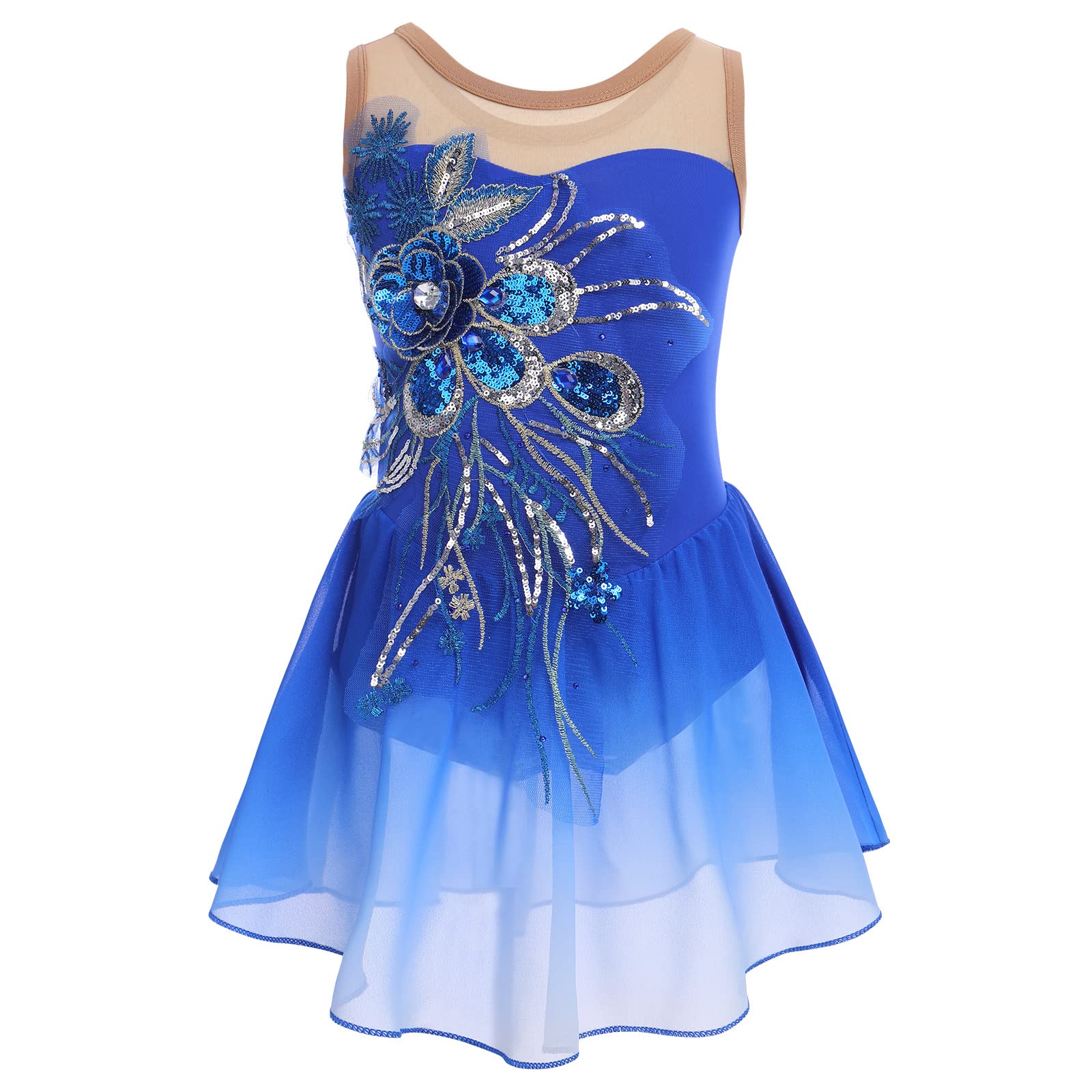 Photo 1 of Royal Blue Figure Skating Dress with Sequin Flower Mesh for Girls' Competition & Stage Performance - Ballet Dance Leotard Dress with Chiffon Skirted Ballerina Dancewear - Size 7-8 Years