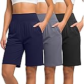 Neer 3 Pack Women's Bermuda Shorts, High Waist Cotton Stretch Casual Bottoms Knee Length Summer Athletic Short with Pockets(Black, Gray, Navy Blue,X-Large)