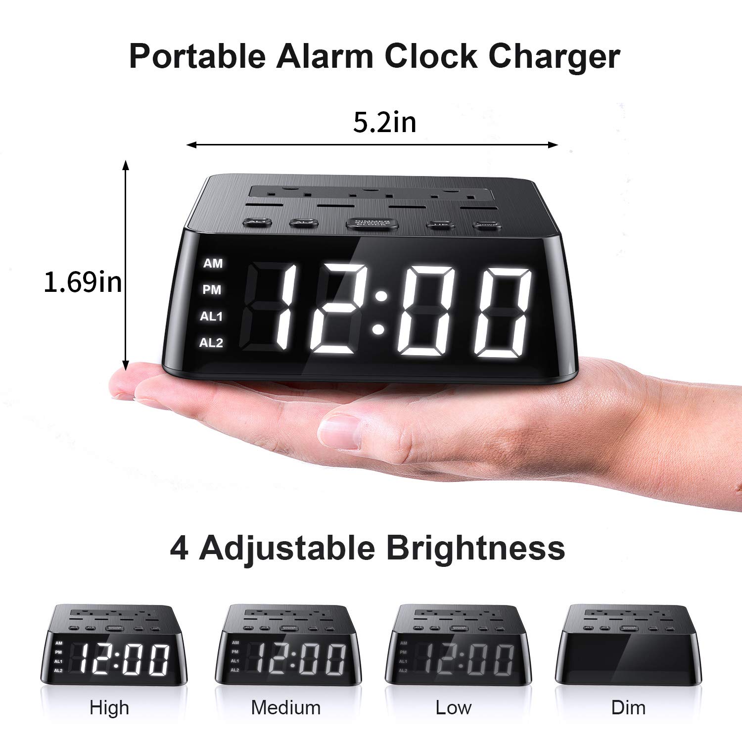 Yostyle Alarm Clock Charger w/4 USB Ports & 3 AC Outlets, 6ft Power Cord Charging Station Power Strip for Hotel Home,UL Tested (Dual Alarm,4 Dimmer Brightness,Snooze,ON/Off Switch,Battery Backup)