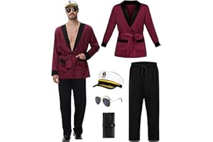 FancyFun Halloween Red Silky Robe Jacket Men's Captain Costume Set Pajama Pants Outfits Captain Hat Sunglasses Accessories