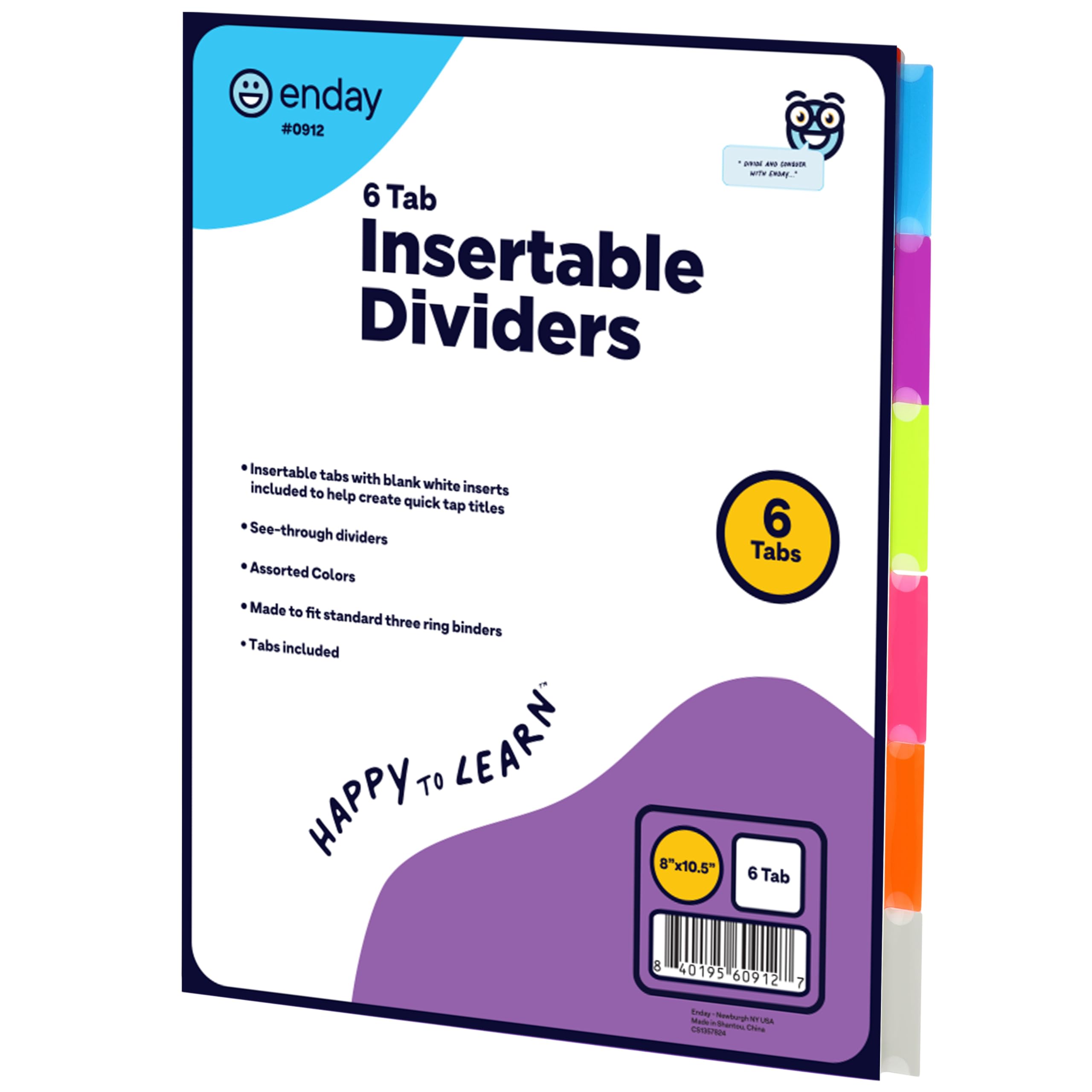 Photo 1 of 6 Dividers for 3 Ring Binder Standard Index Folder Dividers, Plastic Multicolor with White Insertable Tabs, in Green, Blue, Pink, Purple, Red, Grey – by Enday, 0912