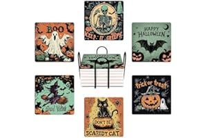 AOWCED Halloween Drink Absorbent Coasters with Holder Set of 6, Ceramic Stone with Cork Base, Vintage Pumpkin Coaster for Drinks, Gift for Housewarming Room