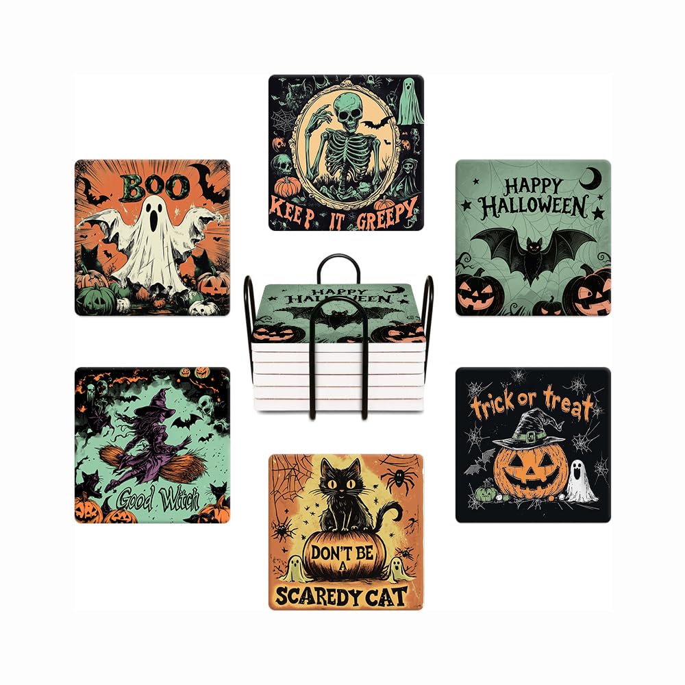 Halloween Drink Absorbent Coasters with Holder Set