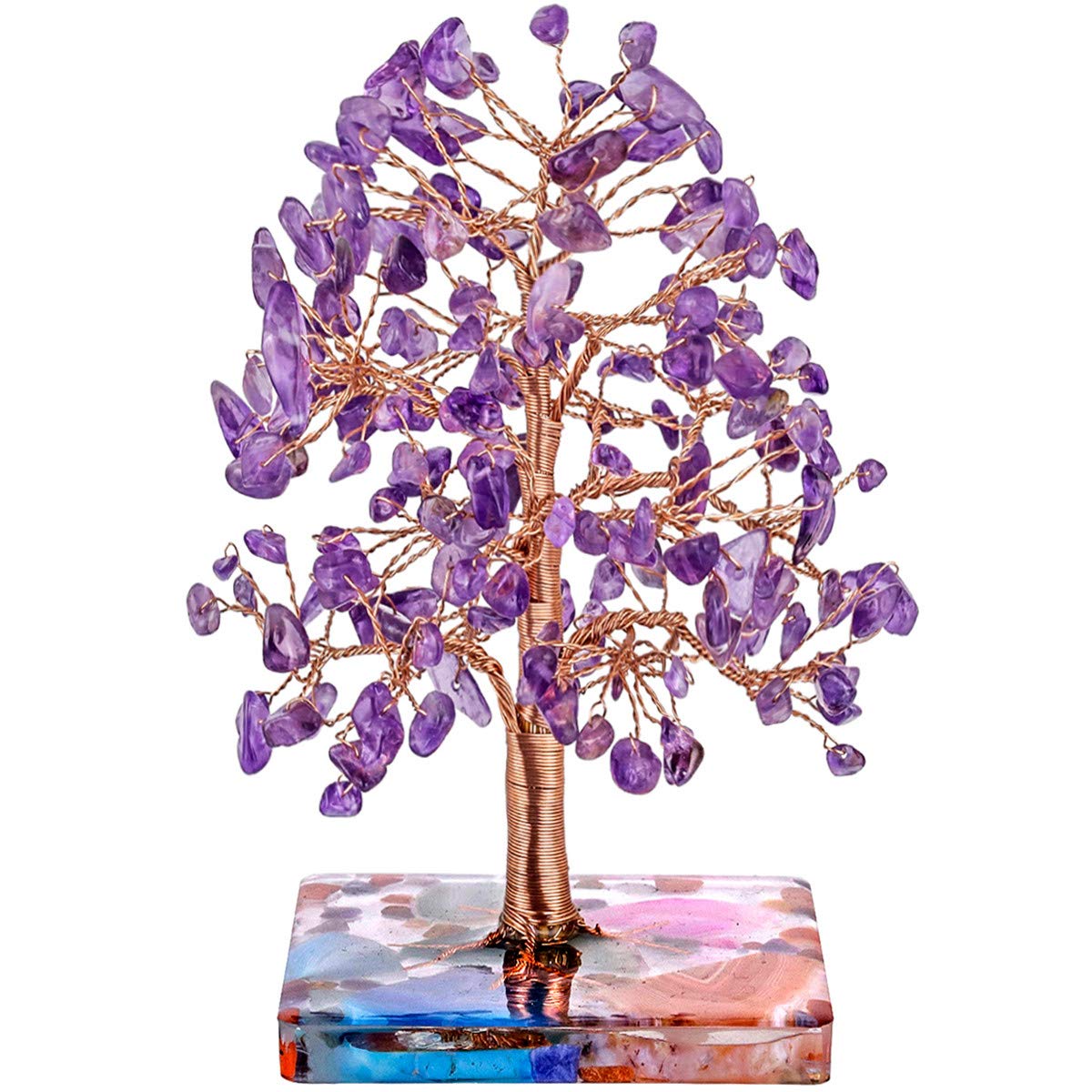 Nupuyai Amethyst Healing Crystal Money Tree for Home Office Decor, Chip Stones Tree Good Luck Fengshui Ornaments Colourful Resin Base with Gift Box