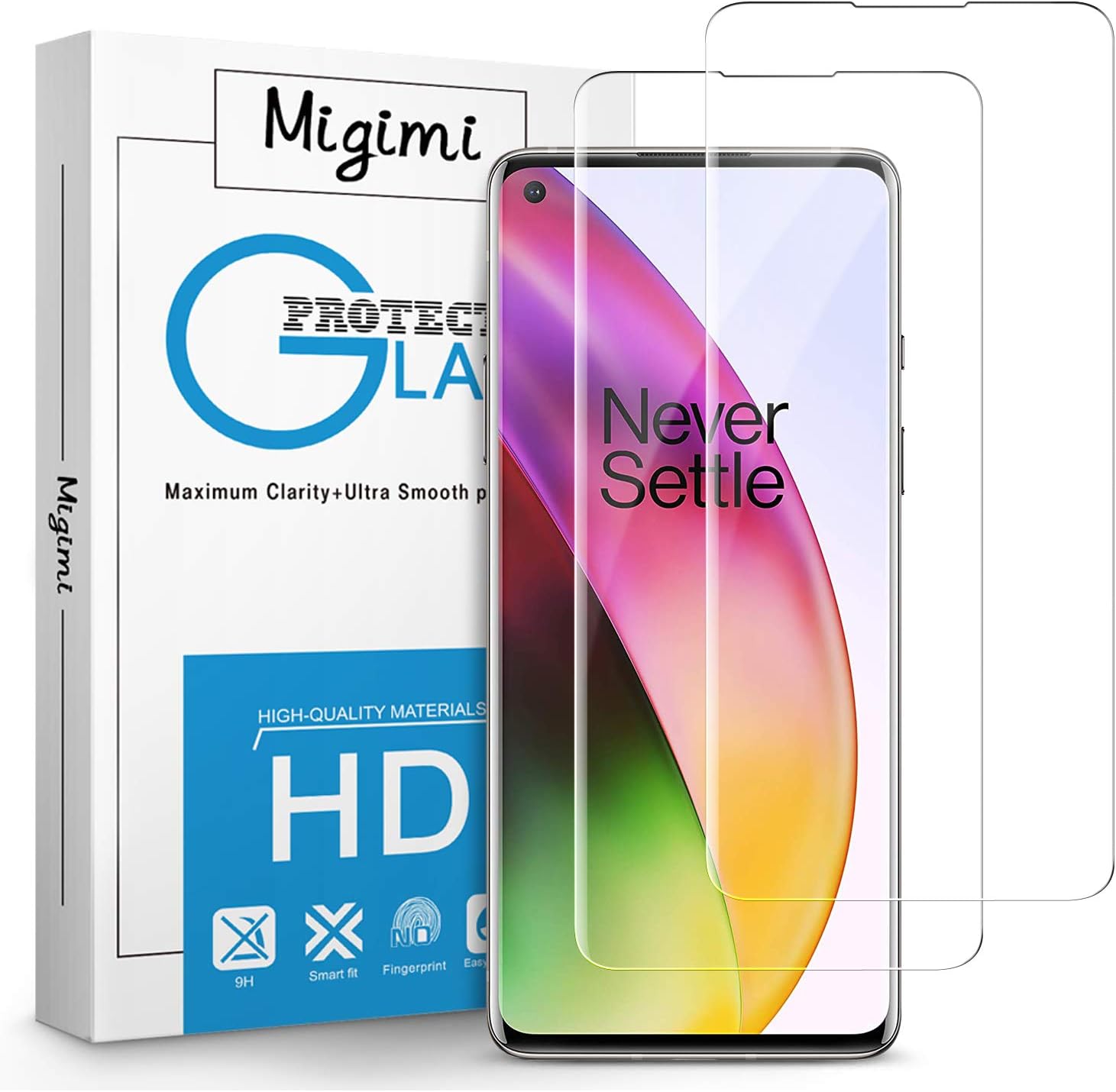 Migimi Screen Protector Compatible with OnePlus 8, [2 Pack] Full Coverage Tempered Glass, [Ultra Transparency] [9H Hardness] [Anti-Scratch] Glass Film For OnePlus 8