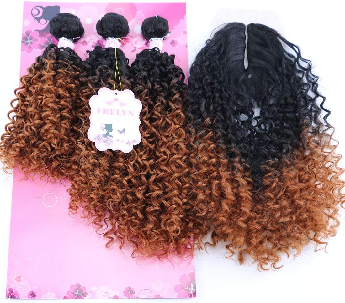 Synthetic Hair Weave Kinky Curly Hair Bundles With Closure Color T1B/30# Two Tone Ombre 16 18 20 Inches With 18" Lace Closure One Pack Solution