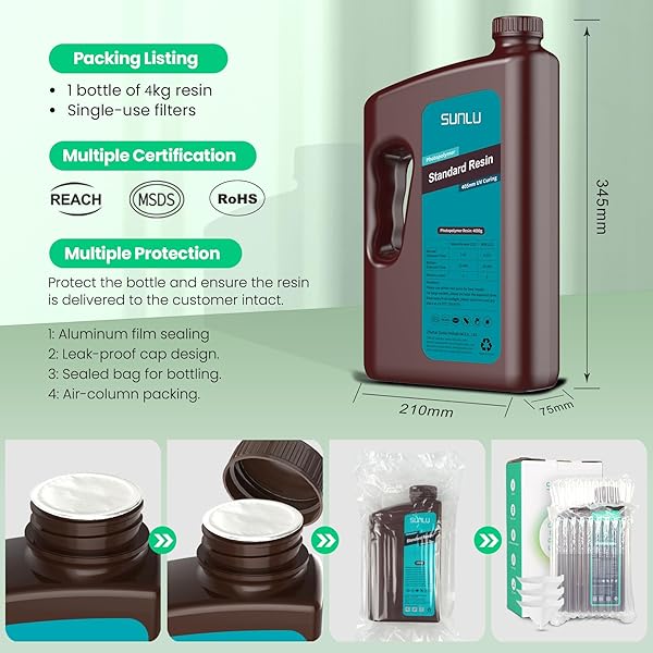 SUNLU 3D PRINTER RESIN 4KG, FAST CURING STANDARD 3D RESIN FOR MOST RESIN 3D PRINTERS, 395 TO 405NM UV CURING 3D PRINTING LIQUID PHOTOPOLYMER RESIN, LOW SHRINKAGE AND HIGH PRECISION, 4000G, GREY