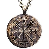 Baldur Jewelry Handmade Hand Hammered Texture Vegvisir Compass Necklace - Brass Pendant - 22 Inch Chain - Norse Viking Jewelry for Men