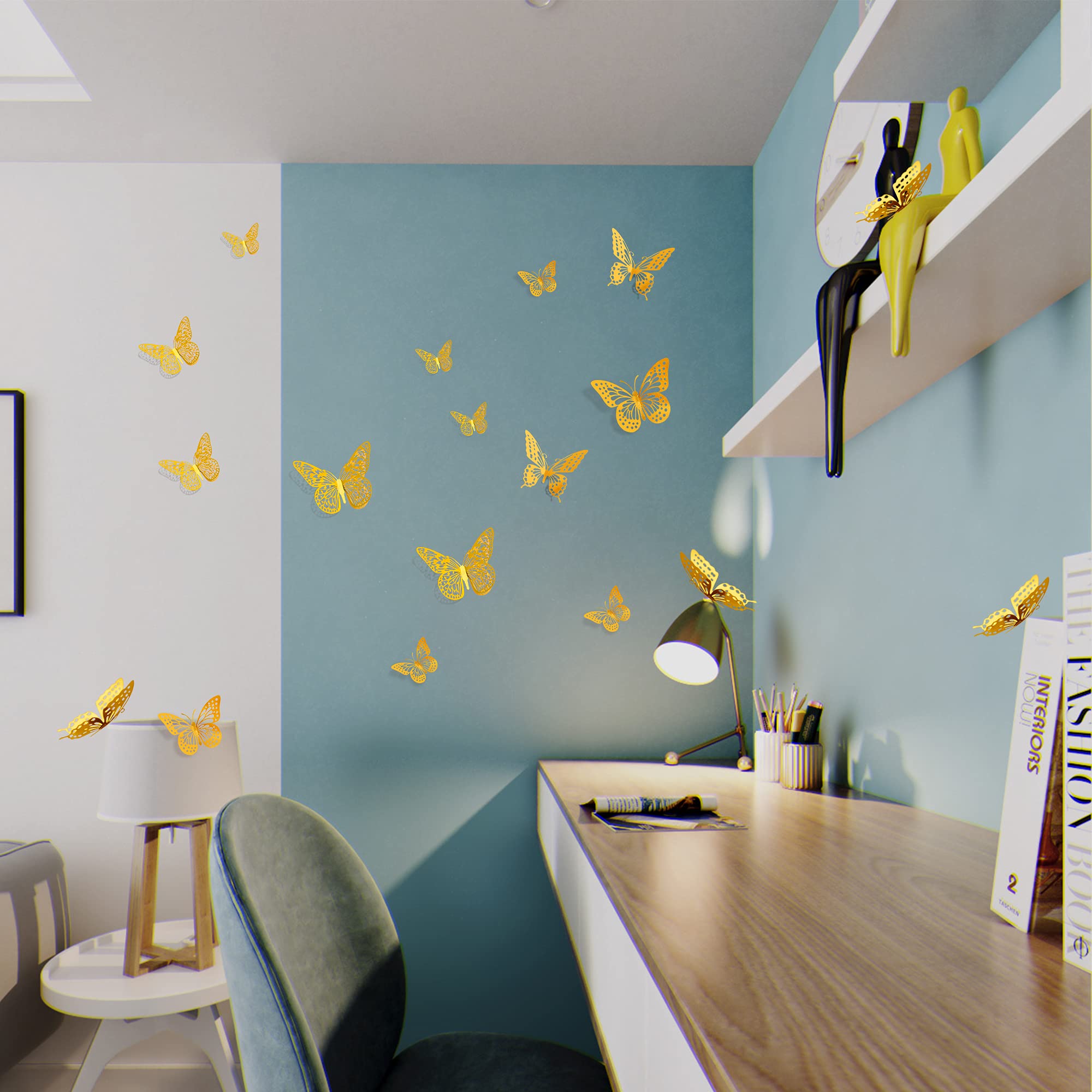 SAOROPEB 3D Butterfly Wall Decor - 48 Pcs, 4 Styles, 3 Sizes, Gold Butterfly Decorations for Birthday & Party Celebrations, Removable Stickers