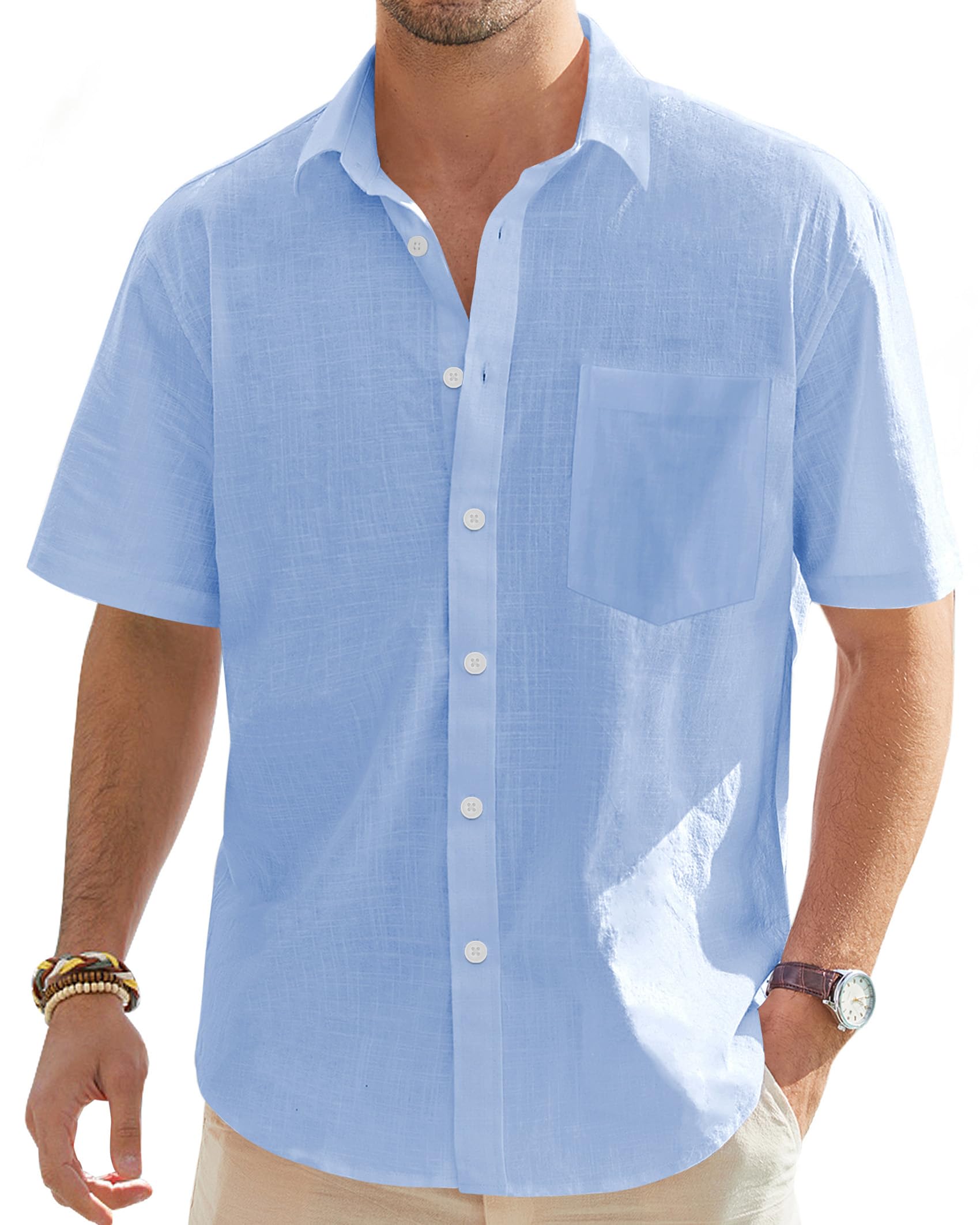 Photo 1 of J.VER Men's Linen Shirts Casual Short Sleeve Button Down Shirt Fashion Summer Tops for Beach Vacation Wedding with Pocket Blue 6XL