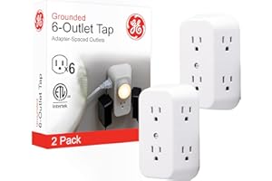GE 6-Outlet Extender, 2 Pack, Grounded Wall Tap, Adapter Spaced Outlets, 3-Prong Outlet Splitter, Multiple Plug, Quick and Easy Install, Cruise Essentials, UL Listed, White, 40222