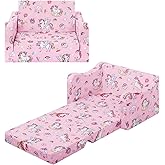 alldomess Comfy Kids Couch, 2-in-1 Folding Kids Sofa Bed for Toddler Girls, Convertible Sofa to Lounger Toddler Couch Chair for Baby Bedroom Playroom Nursery,Unicorns Candies