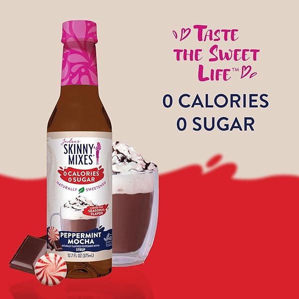 JORDAN’S SKINNY MIXES SUGAR FREE COFFEE SYRUP, PEPPERMINT MOCHA COFFEE FLAVORING SYRUP, NATURALLY SWEETENED ZERO CALORIE DRINK MIX, LATTES, BAKING OR PROTEIN SHAKE, DAIRY & GLUTEN FREE, 12.7 FL OZ