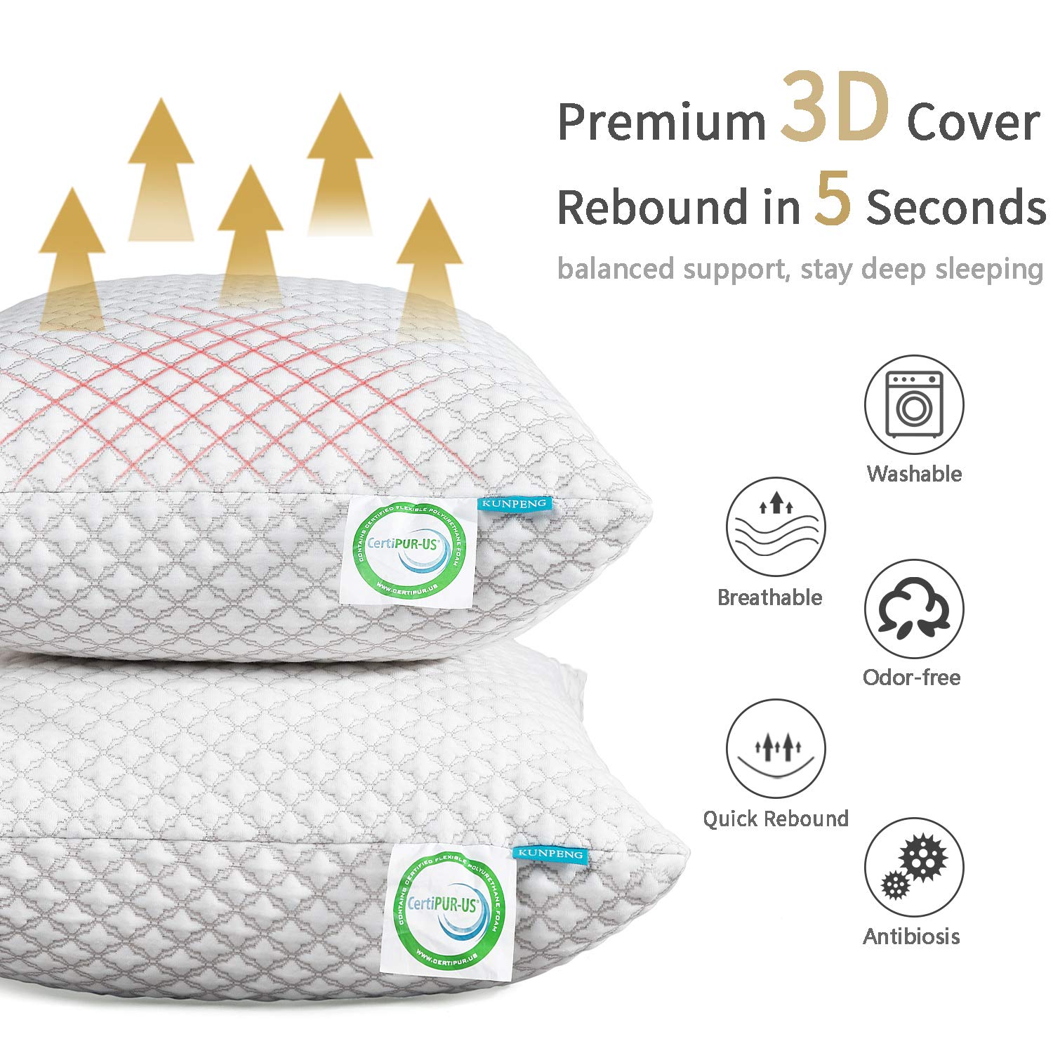 KUNPENG Shredded Memory Foam Pillows for Sleeping Cooling Bed Pillow