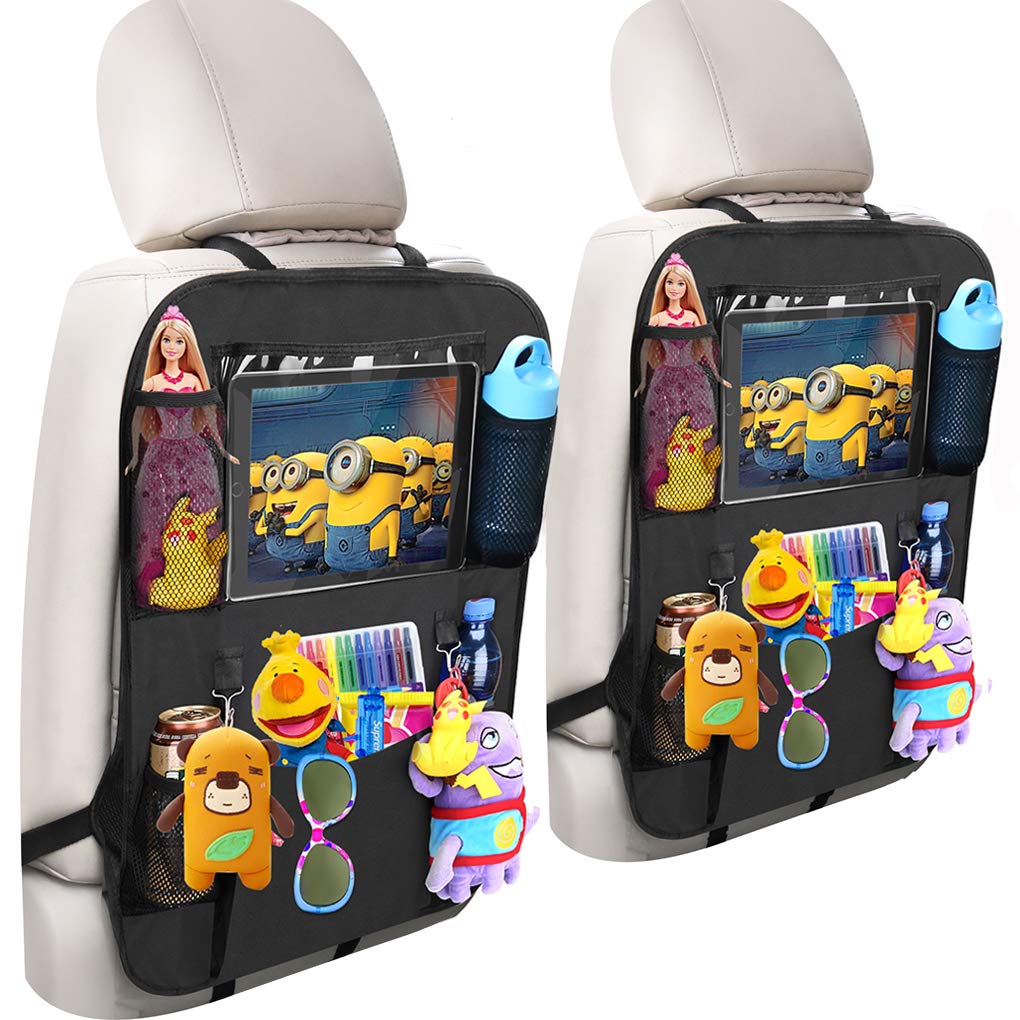 Adevena Car Backseat Storage Organizer, Car Seat Back Protectors Kick Mat with 10" Tablet Holder + 5 Storage Pockets Car Seat Organizer for Kids Toddlers Toy Bottle Drinks Vehicle Accessories, 2-Pack