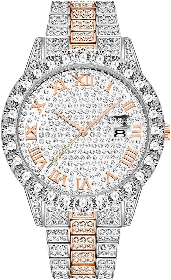 Couple Watch Iced Out Hip Hop Simulated Diamond Watch High-end Fashion Calendar Big Circle Diamond Waterproof Quartz Watch for Men and Women …