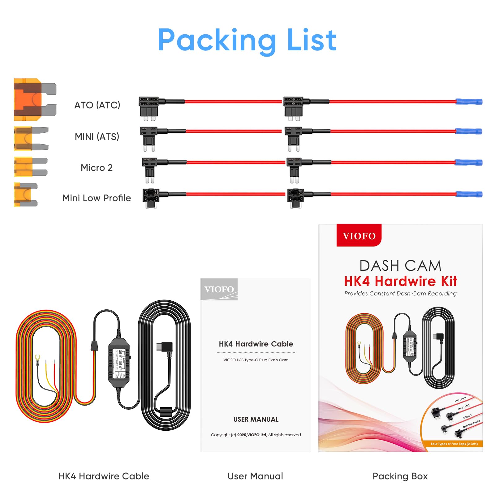 VIOFO HK4 Hardwire Kit with 8pcs Full Set Circuit Fuse Tap, Type-C Port, for A329 series/A229 series/A119Mini2/A139Pro/WM1/T130 Dash Cam