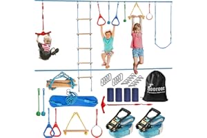 hooroor Ninja Warrior Obstacle Course for Kids - 2 X 52FT Slackline with Slackers Twister, Swing Seat, Monkey Bars, Rings, Rope Ladder, Outdoor Toys Playset Training Jungle Gym