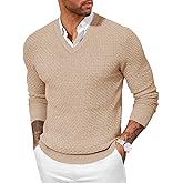 Yousify Mens V Neck Pullover Sweater Waffle Knit Casual Textured Pullover Long Sleeve Slim Fit Fall Sweaters