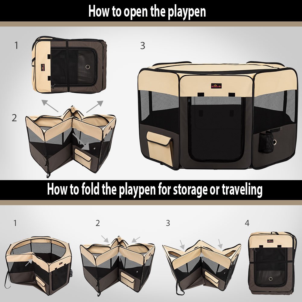 Aivituvin Pet Playpen -Portable Foldable Exercise Pen for Small & Large Dog,Kitten,Rabbit,Puppy-Oxford Cage & kennel Suit for Indoor/Outdoor Use Removable Shade Cover-Durable (BROWN)