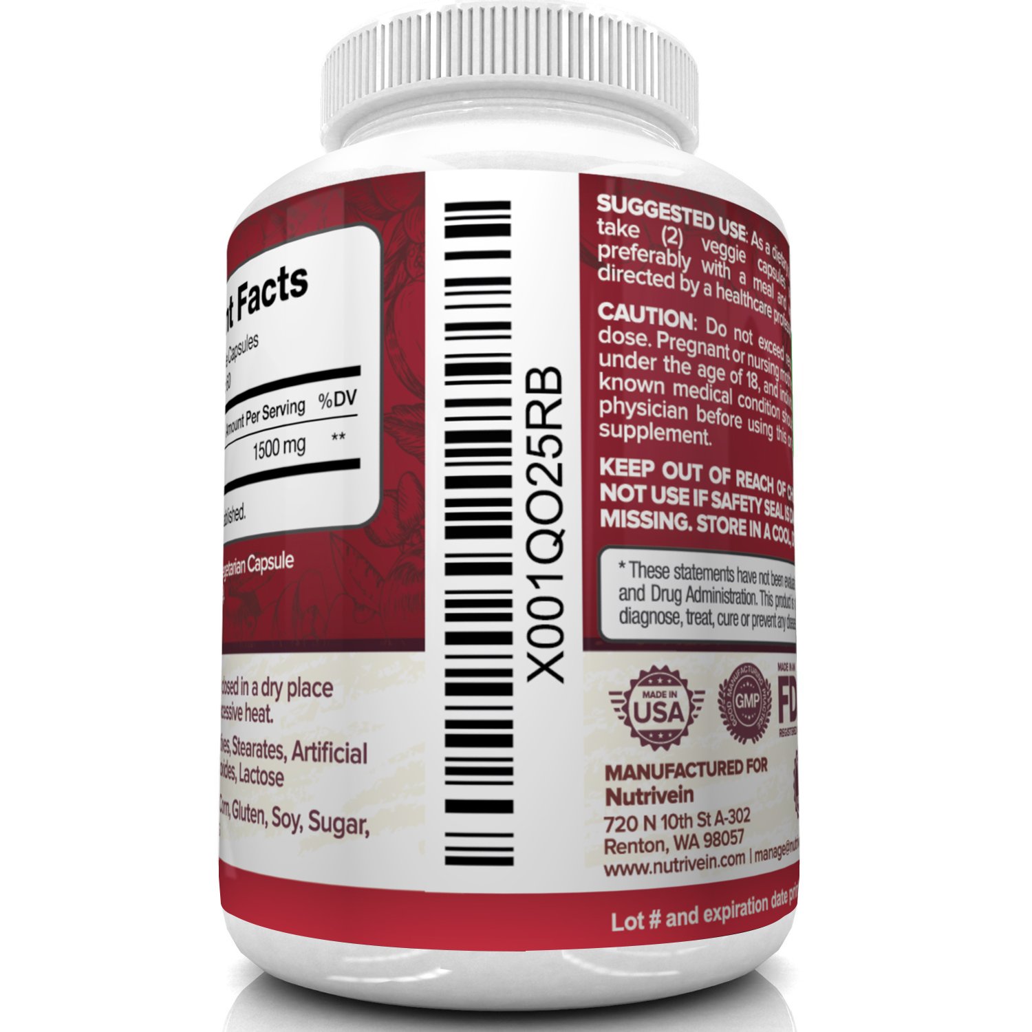 Nutrivein Apple Cider Vinegar Capsules with Mother 1600mg 120 Vegan