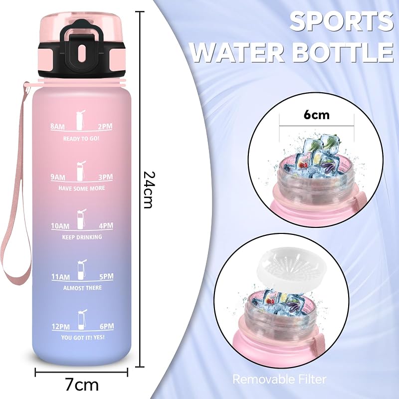 Botella de Agua, 500ml Botella Agua Niños, Cantimplora Infantil Reutilizable con Filtro, Fácil de Limpiar, Cantimplora con Marca de Tiempo, para la Adulto, Oficina, Camping, Deportiva, Gym, Running