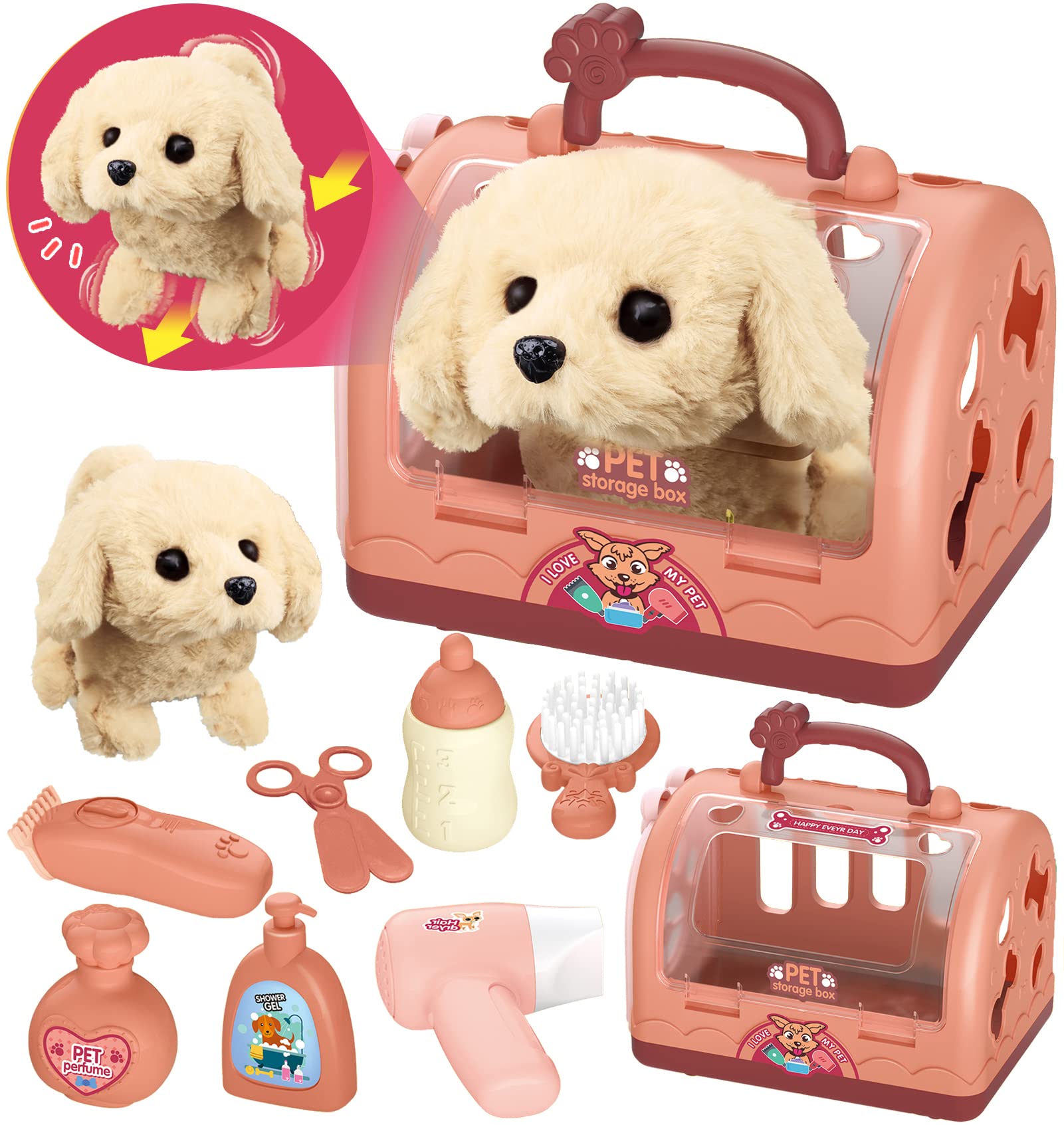 STAY GENT Toy Dogs for Kids Pet Care Role Play Set Robot Dog Toys Grooming Vet Set Kids with Electric Plush Walks Barks Dog & Carrier Pretend Play Xmas Toys Gifts for 3 4 5 6 7 8 Years Old Girls Boys