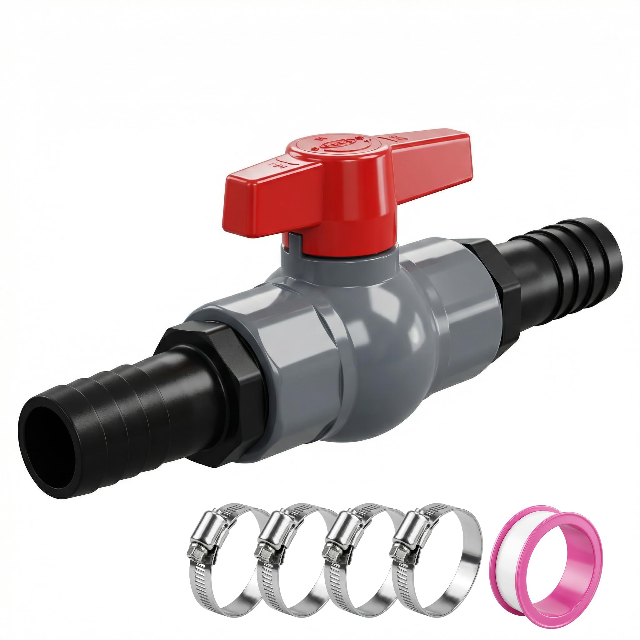 ZLLZPZD 1 inch PVC Ball Valve with Hose Connector, Pool Shut-Off Valve Incl. 1 Internal Thread 1" (32 mm) and 2 Hose Nozzles 25 mm