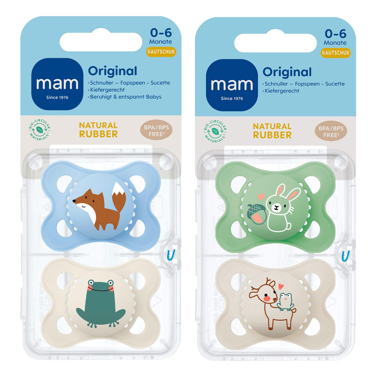 MAM Original Latex Dummy 0-6 Natural Rubber Latex Set of 4 Plain Includes 2 Sterilised Transport Boxes