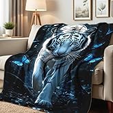 HUNXIAOJ White Tiger Print Flannel Blanket - Forest Wildlife Throw for Bed Couch Decor Wild Animal Queen Size Bedding Gifts for Tiger Lovers (49"x59")