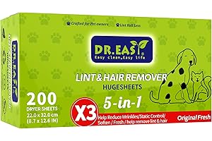Dr.Easy LINT & HAIR REMOVER Pet HUGESHEETS with 3X Dryer Sheets, Original Fresh, 200 Count,PLANT&MINERAL-BASED FORMULA