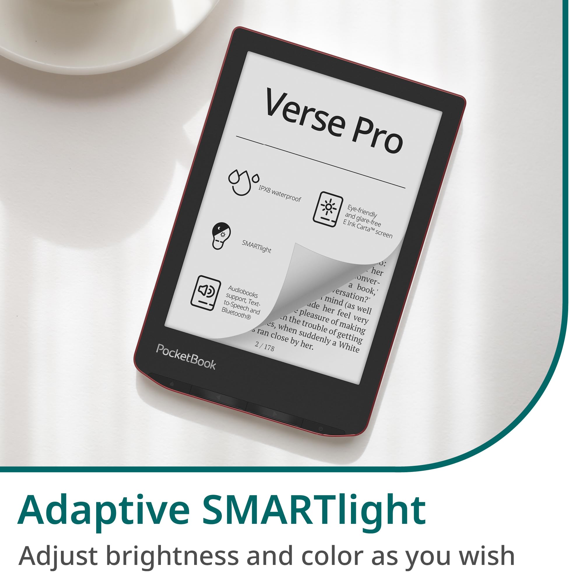 PocketBook Verse Pro E-Reader Waterproof | Eye-Friendly 6'' E-Ink Carta™ HD Touchscreen | Audio-Book & E-Book Reader | Text-to-Speech Function | SMARTlight | 16GB | WiFi & Bluetooth | Red