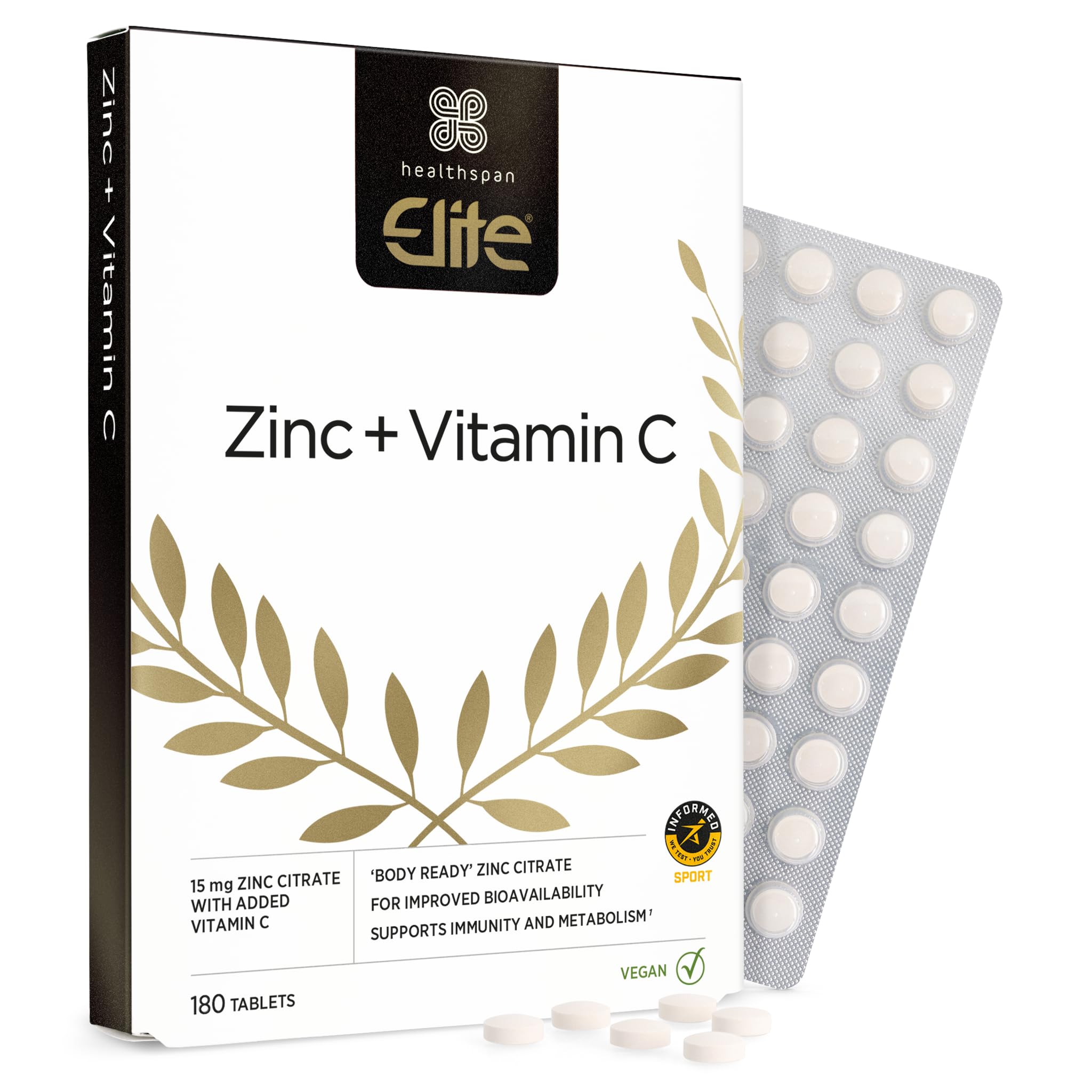 Healthspan Elite Zinc & Vitamin C (6 months’ supply) | 15mg Zinc & 80mg Vitamin C to support your immune health | All Blacks Official Partner | Easy swallow tablets | Informed Sport Accredited | Vegan