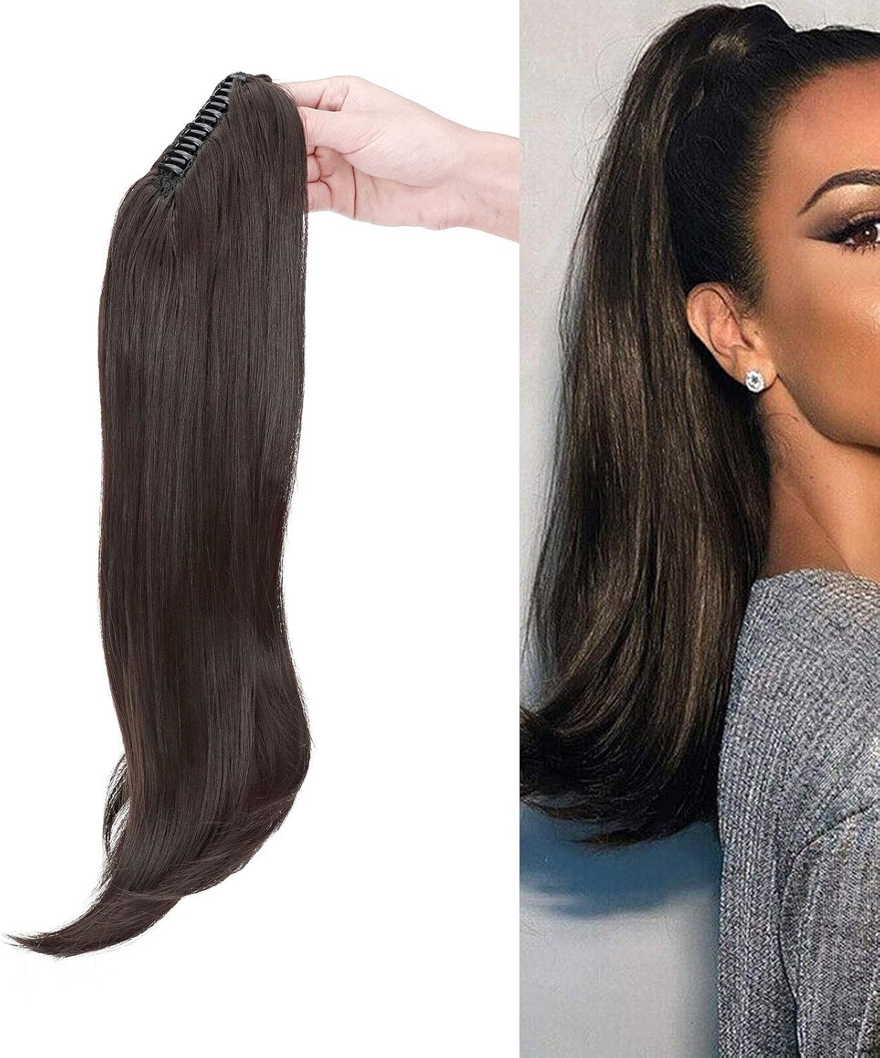 22" Ponytail Extension Long Curly Ponytail Hairpiece Clip in Claw Hair Extensions Natural Looking for Women Dark Brown
