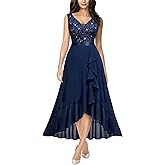 Miusol Women's Vintage V-Neck Sleeveless Sequined Floral Lace Ruffle Split Evening Party Dress
