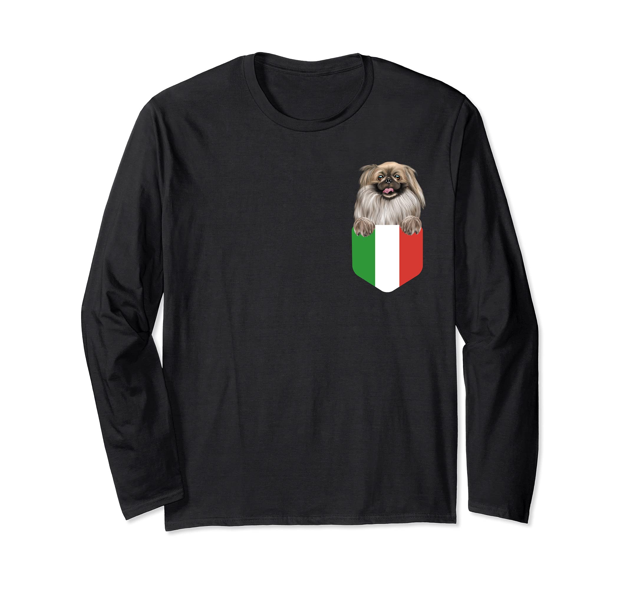 Italy Flag Pekingese Dog In Pocket Long Sleeve T-Shirt