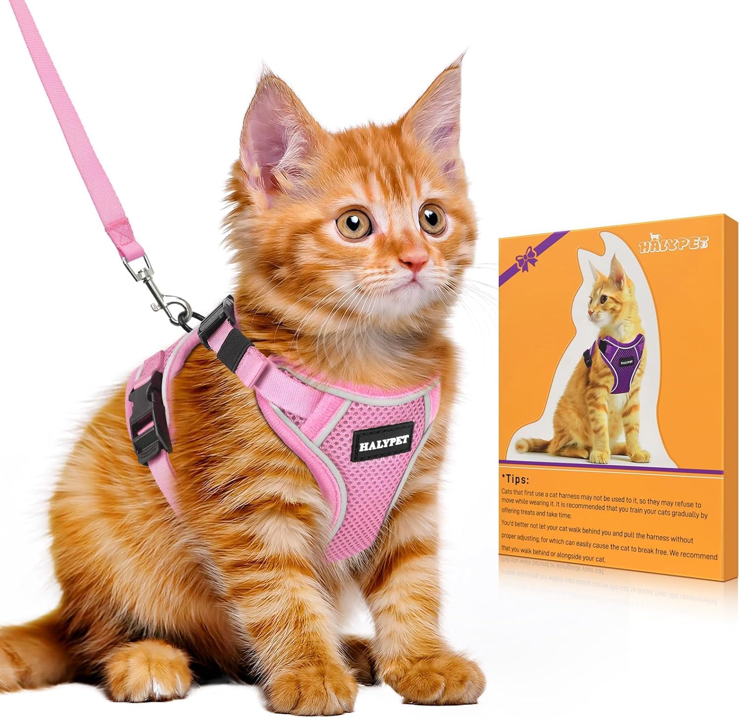 Bigcow 猫 猫用 ハーネスリード セット 猫牽引ロープ リード 猫ハーネス 猫用ハーネス 胴輪 猫具 ねこ ネコ 子猫 散歩 お出かけ 抜けない ベスト ソフト胸あて 軽量 頭を通さず装着可能 サイズ調節可 夜反射 通気メッシュ 咳込み防止 ベスト りーど（ピンク XSサイズ） の商品画像